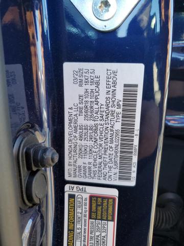 5J6RT6H8XNL022955 - 2022 HONDA CR-V EXL BLUE photo 12