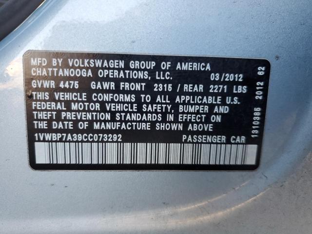 1VWBP7A39CC073292 - 2012 VOLKSWAGEN PASSAT SE BLUE photo 12