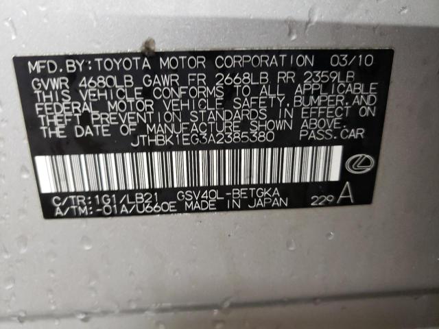 JTHBK1EG3A2385380 - 2010 LEXUS ES 350 SILVER photo 12