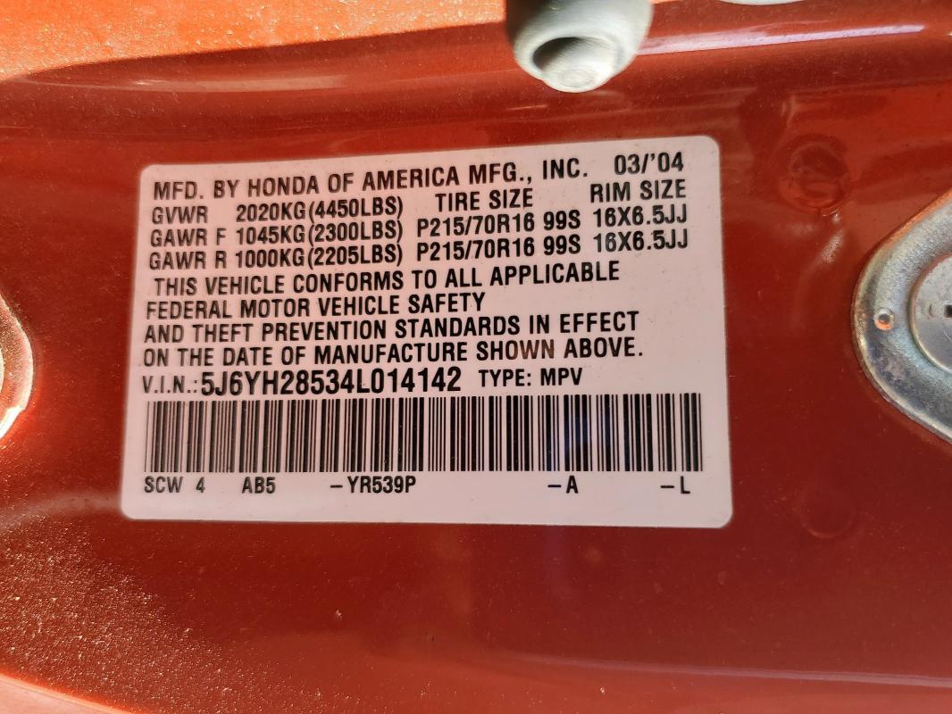 5J6YH28534L014142 - 2004 HONDA ELEMENT EX Narıncı foto 12