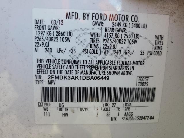 2FMDK3AK1DBA06449 - 2013 FORD EDGE SPORT WHITE photo 13