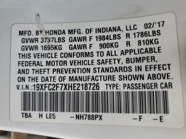 19XFC2F7XHE218726 - 2017 HONDA CIVIC EX WHITE photo 12