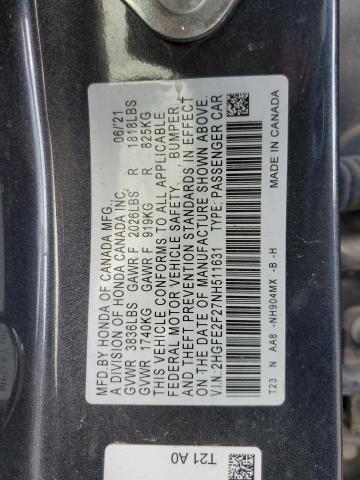 2HGFE2F27NH511631 - 2022 HONDA CIVIC LX GRAY photo 12