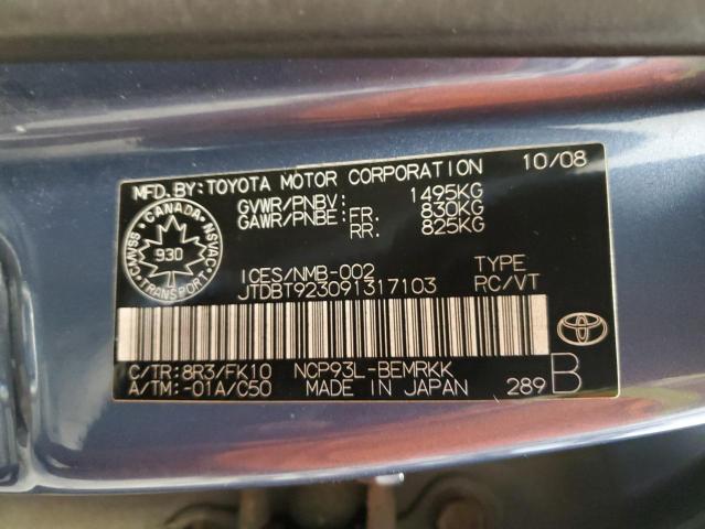 JTDBT923091317103 - 2009 TOYOTA YARIS BLUE photo 13