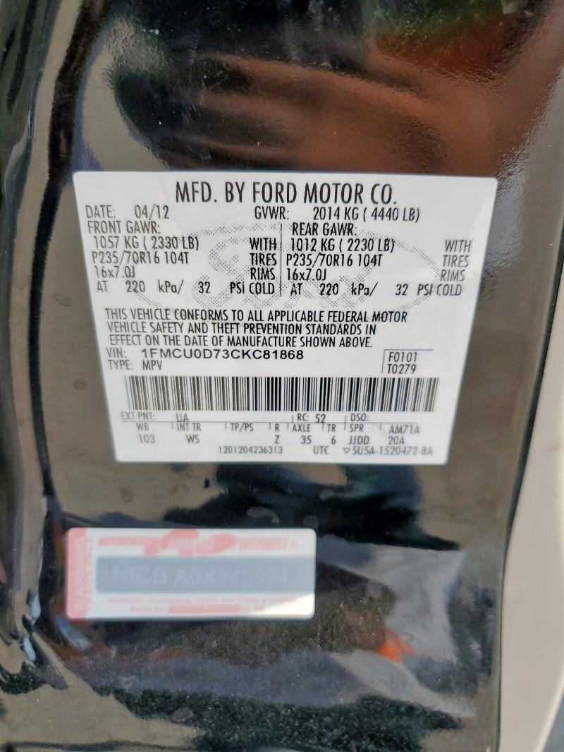 1FMCU0D73CKC81868 - 2012 FORD ESCAPE XLT BLACK photo 13
