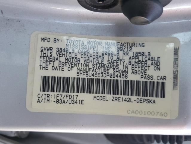 5YFBU4EE3DP094458 - 2013 TOYOTA COROLLA BASE SILVER photo 12