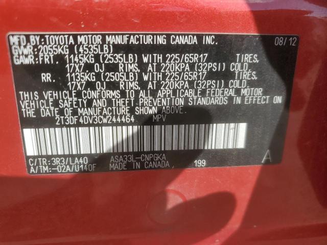 2T3DF4DV3CW244464 - 2012 TOYOTA RAV4 LIMITED Qırmızı foto 13