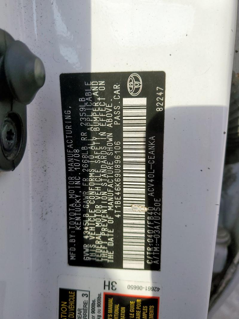 4T1BE46K69U896106 - 2009 TOYOTA CAMRY BASE WHITE photo 12