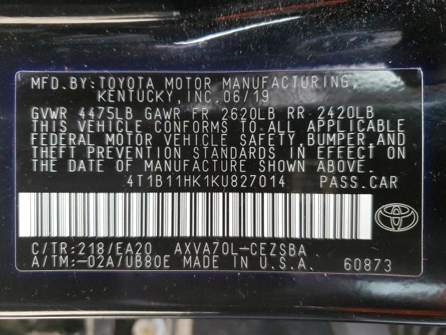 4T1B11HK1KU827014 - 2019 TOYOTA CAMRY L BLACK photo 12