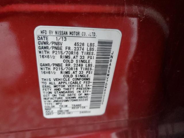 JN8AS5MV7DW630235 - 2013 NISSAN ROGUE S წითელი ფოტო 12