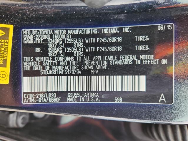 5TDJKRFH4FS179794 - 2015 TOYOTA HIGHLANDER XLE BLACK photo 12