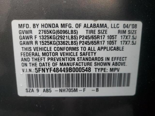 5FNYF48449B000548 - 2009 HONDA PILOT EX GRAY photo 13