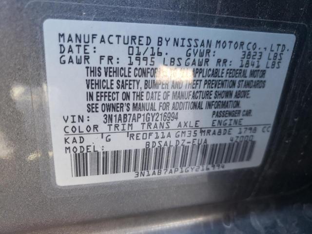 3N1AB7AP1GY216994 - 2016 NISSAN SENTRA S GRAY photo 12