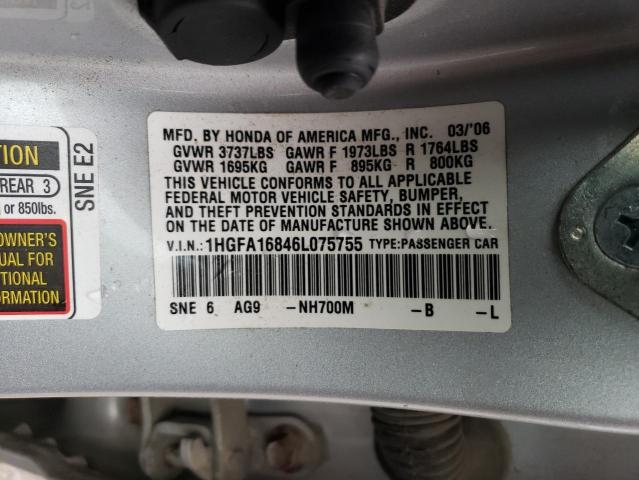 1HGFA16846L075755 - 2006 HONDA CIVIC EX SILVER photo 12