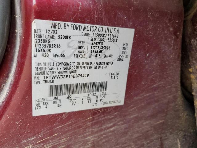 1FTWW33P14EB79449 - 2004 FORD F350 SUPER DUTY BURGUNDY photo 12