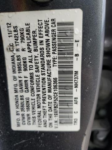 19XFB2F52CE106366 - 2012 HONDA CIVIC LX GRAY photo 12