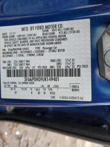 3FA6P0HD9JR149401 - 2018 FORD FUSION SE BLUE photo 12