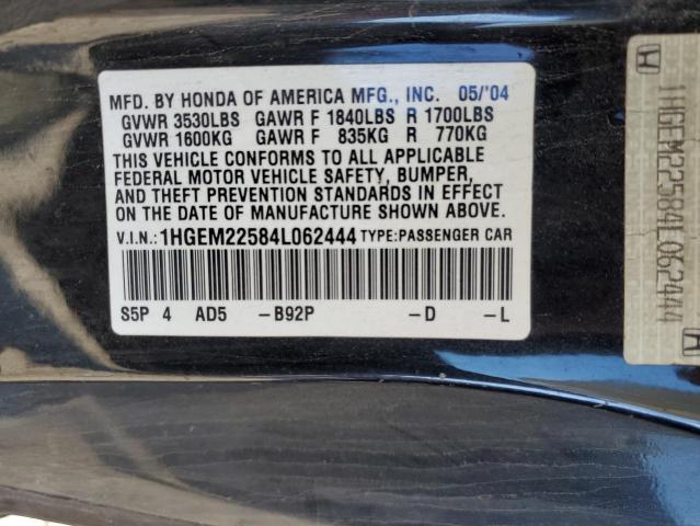 1HGEM22584L062444 - 2004 HONDA CIVIC LX BLACK photo 12