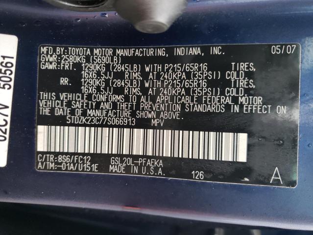 5TDZK23C77S066913 - 2007 TOYOTA SIENNA CE BLUE photo 13