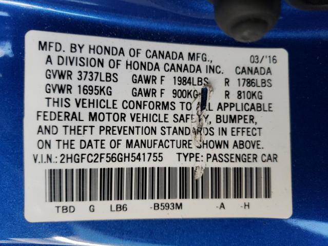 2HGFC2F56GH541755 - 2016 HONDA CIVIC LX BLUE photo 13