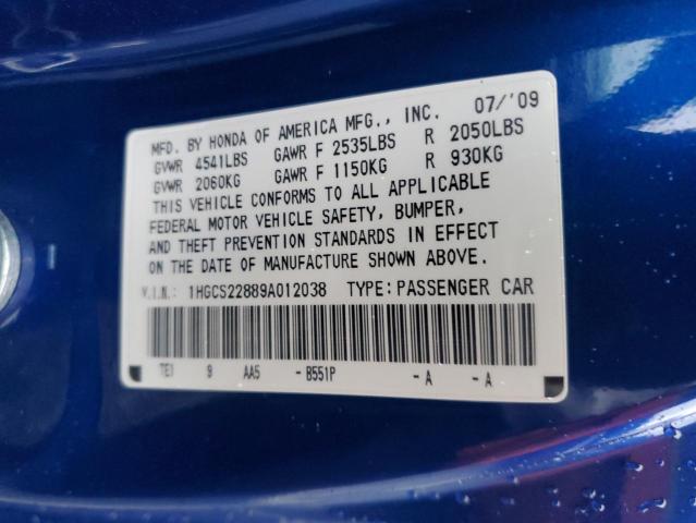 1HGCS22889A012038 - 2009 HONDA ACCORD EXL BLUE photo 12