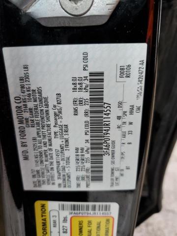 3FA6P0T94JR114557 - 2018 FORD FUSION SE BLACK photo 12