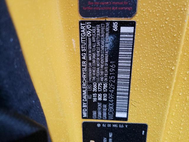 WDBKK49F42F251961 - 2002 MERCEDES-BENZ SLK 230 KOMPRESSOR YELLOW photo 12