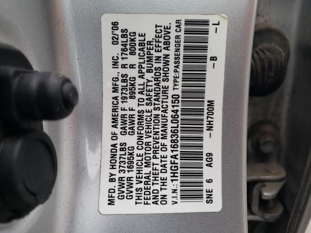 1HGFA16836L064150 - 2006 HONDA CIVIC EX SILVER photo 12