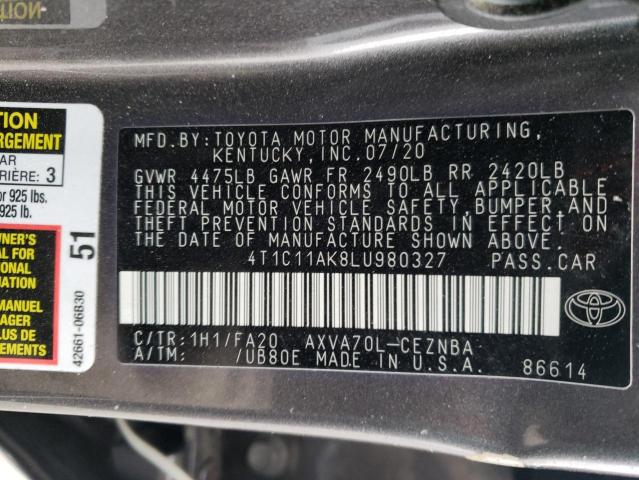 4T1C11AK8LU980327 - 2020 TOYOTA CAMRY LE GRAY photo 12