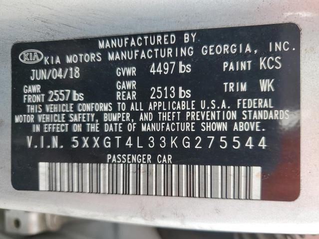 5XXGT4L33KG275544 - 2019 KIA OPTIMA LX SILVER photo 12