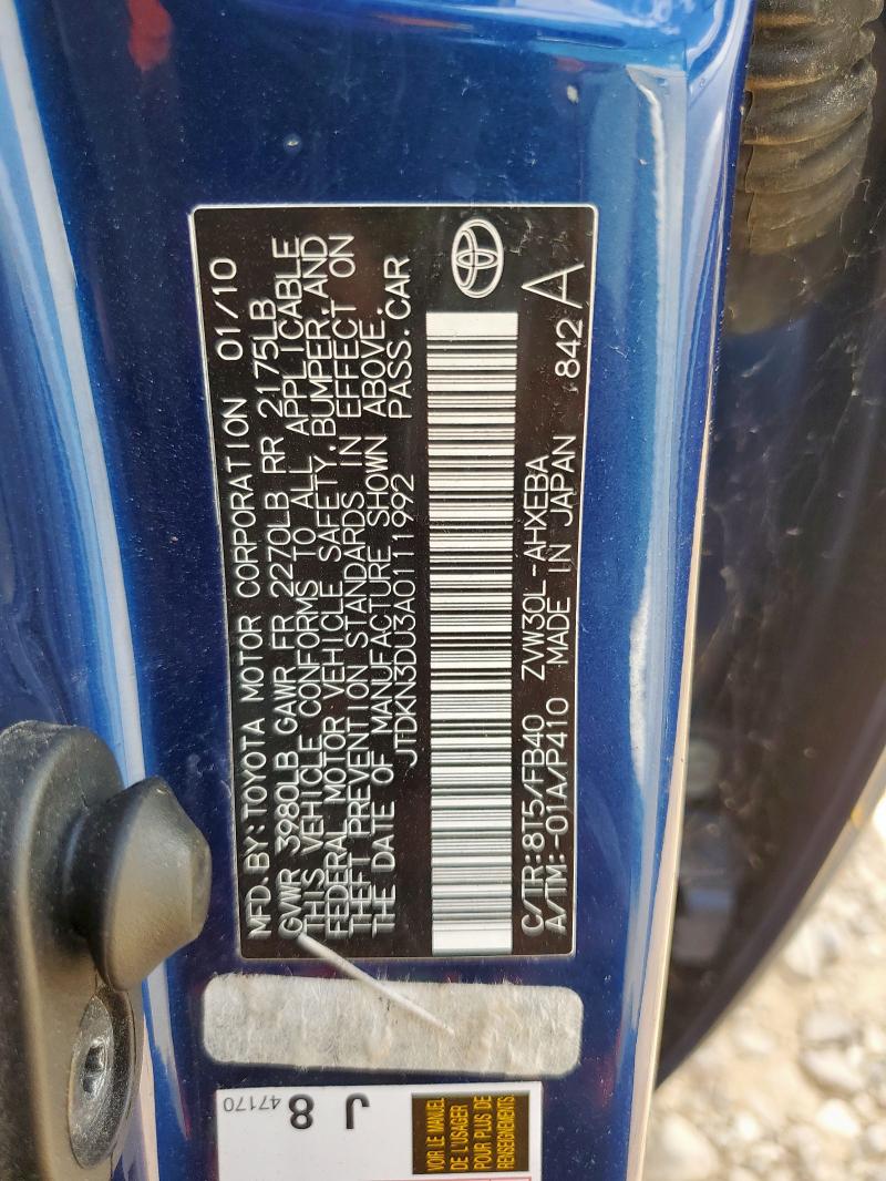 JTDKN3DU3A0111992 - 2010 TOYOTA PRIUS ლურჯი ფოტო 12