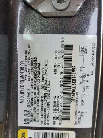 3FA6P0CD6KR141992 - 2019 FORD FUSION SEL GRAY photo 13