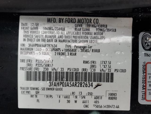 3FAHP0JA5AR282634 - 2010 FORD FUSION SEL BLACK photo 12