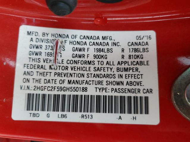 2HGFC2F59GH550188 - 2016 HONDA CIVIC LX RED photo 12