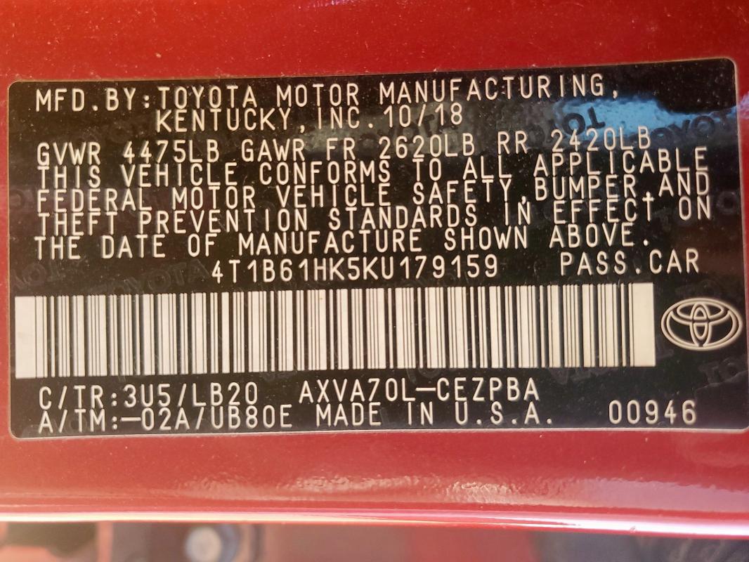 4T1B61HK5KU179159 - 2019 TOYOTA CAMRY XSE 红色 照片 12