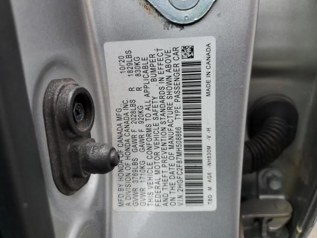 2HGFC2F87MH508866 - 2021 HONDA CIVIC SPORT ვერცხლისფერი ფოტო 12