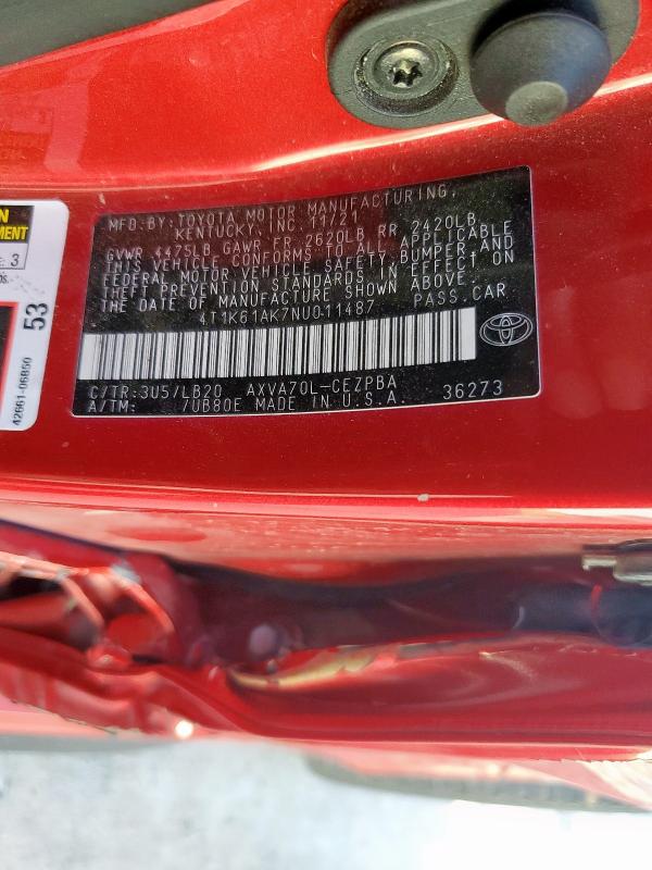 4T1K61AK7NU011487 - 2022 TOYOTA CAMRY XSE RED photo 12