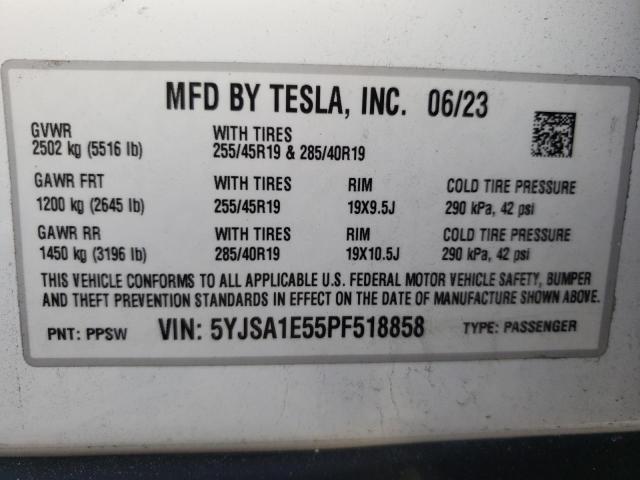 5YJSA1E55PF518858 - 2023 TESLA MODEL S Սպիտակ լուսանկար 13
