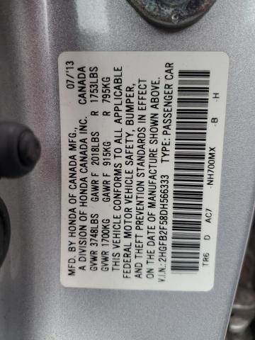 2HGFB2F58DH566333 - 2013 HONDA CIVIC LX SILVER photo 12