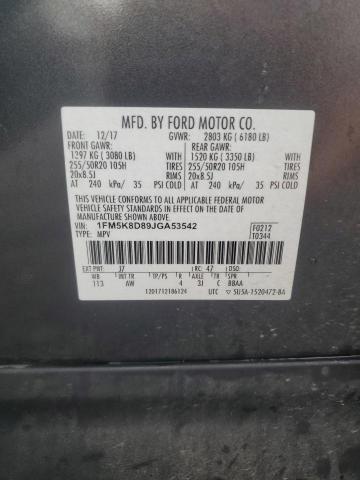1FM5K8D89JGA53542 - 2018 FORD EXPLORER XLT Gris photo 13