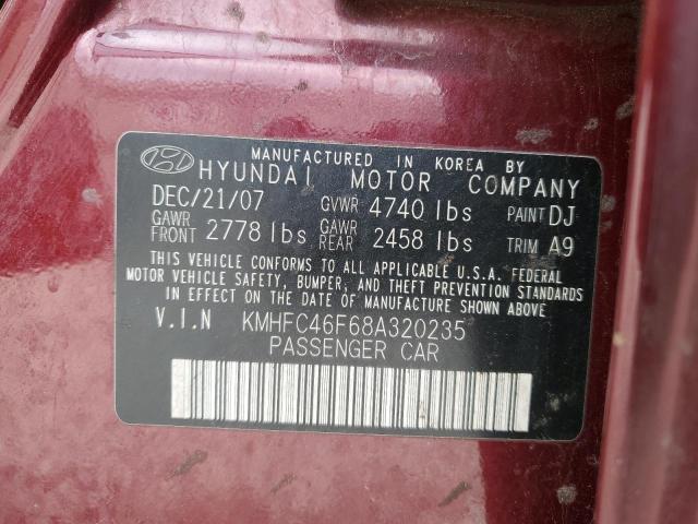 KMHFC46F68A320235 - 2008 HYUNDAI AZERA SE BURGUNDY photo 12