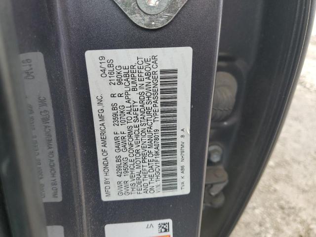 1HGCV1F19KA078019 - 2019 HONDA ACCORD LX GRAY photo 12