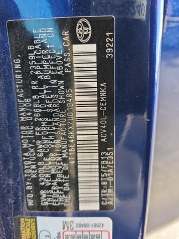 4T1BE46KX7U019485 - 2007 TOYOTA CAMRY CE BLUE photo 12