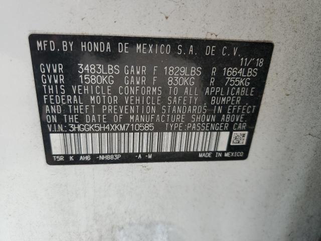 3HGGK5H4XKM710585 - 2019 HONDA FIT LX Ақ фото 12