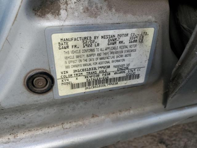 3N1CB51D33L799238 - 2003 NISSAN SENTRA XE SILVER photo 12