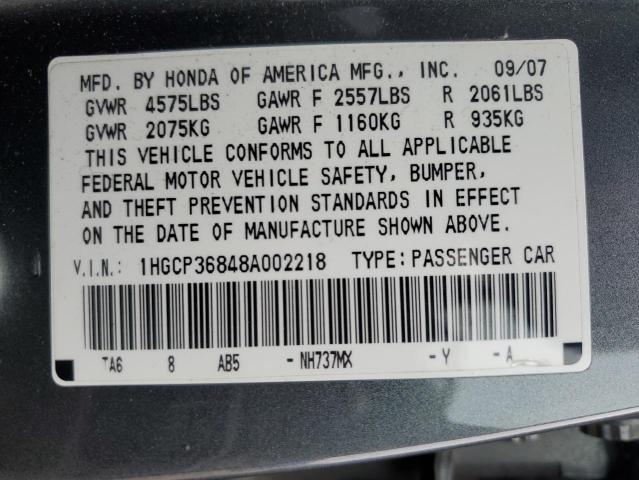 1HGCP36848A002218 - 2008 HONDA ACCORD EXL GRAY photo 12