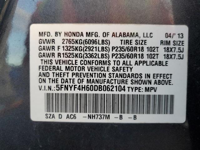 5FNYF4H60DB062104 - 2013 HONDA PILOT EXL GRAY photo 13