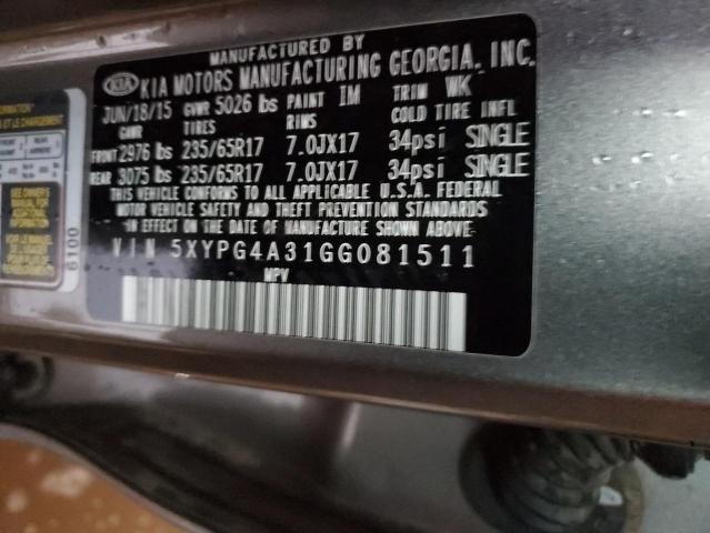 5XYPG4A31GG081511 - 2016 KIA SORENTO LX GRAY photo 12