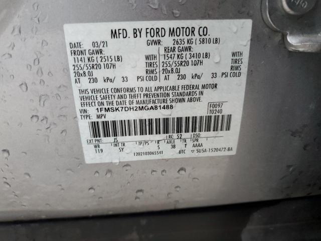 1FMSK7DH2MGA81488 - 2021 FORD EXPLORER XLT SILVER photo 12