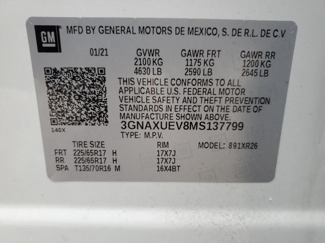 3GNAXUEV8MS137799 - 2021 CHEVROLET EQUINOX LT WHITE photo 13